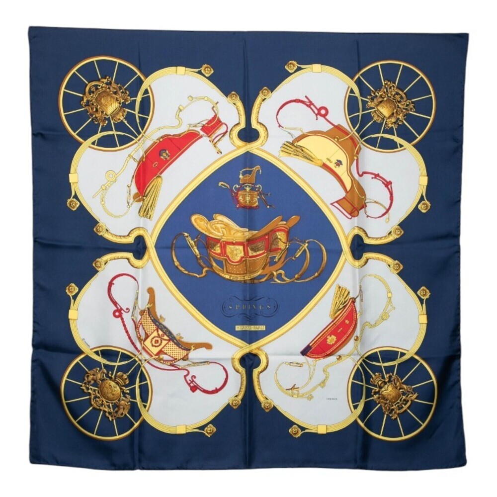 Hermes Carre 90 Springs Scarf/Muffler, Navy Multicolor Silk, Women's.